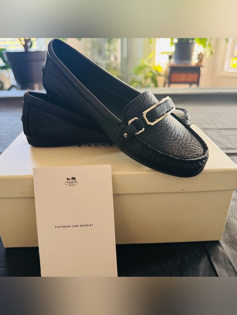 Coach Black Leather Women's Loafers with Silver Buckle Detail